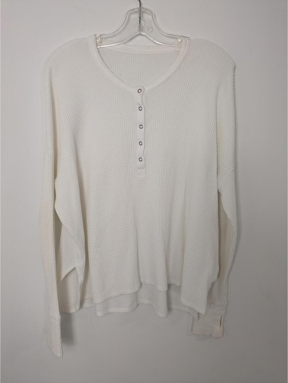 White Waffle Knit Henley Long Sleeve Top Size Large